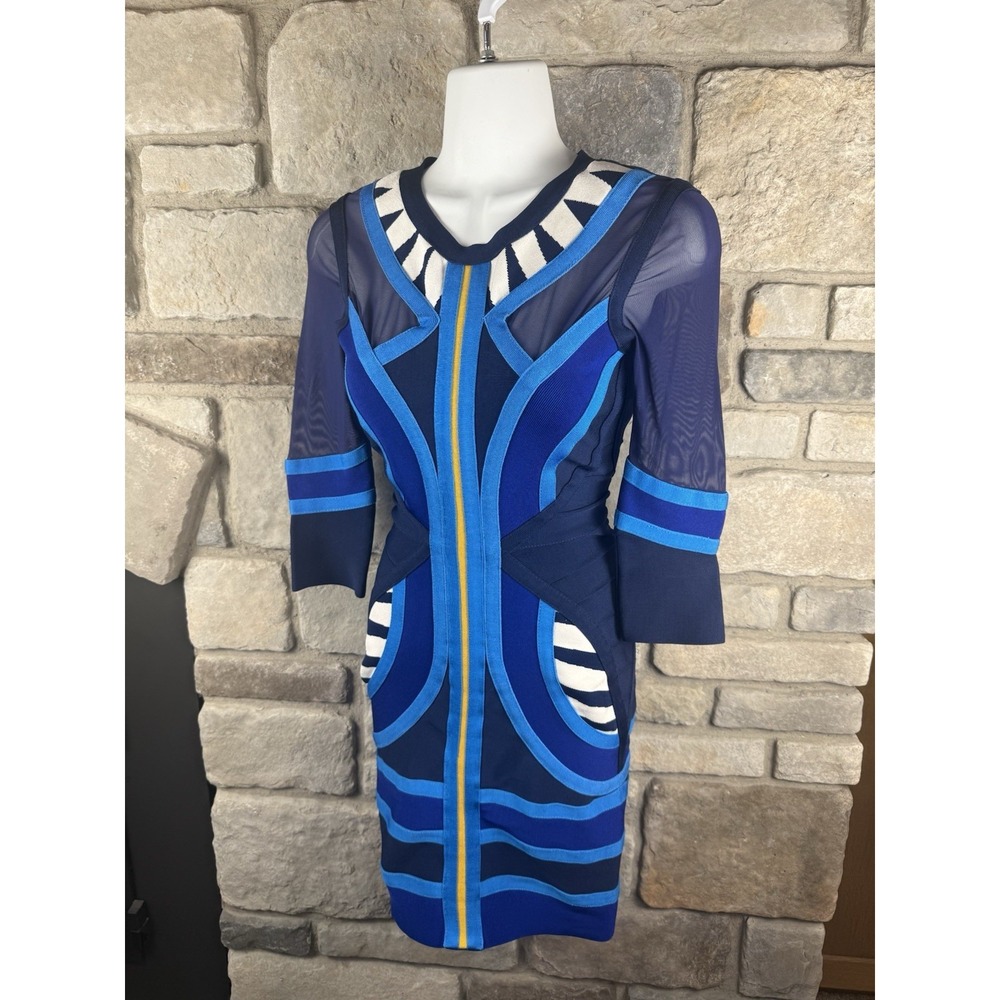 House of CB Women's XS Blue Geometric Statement Bodycon Dress Bandage Mini Sheer
